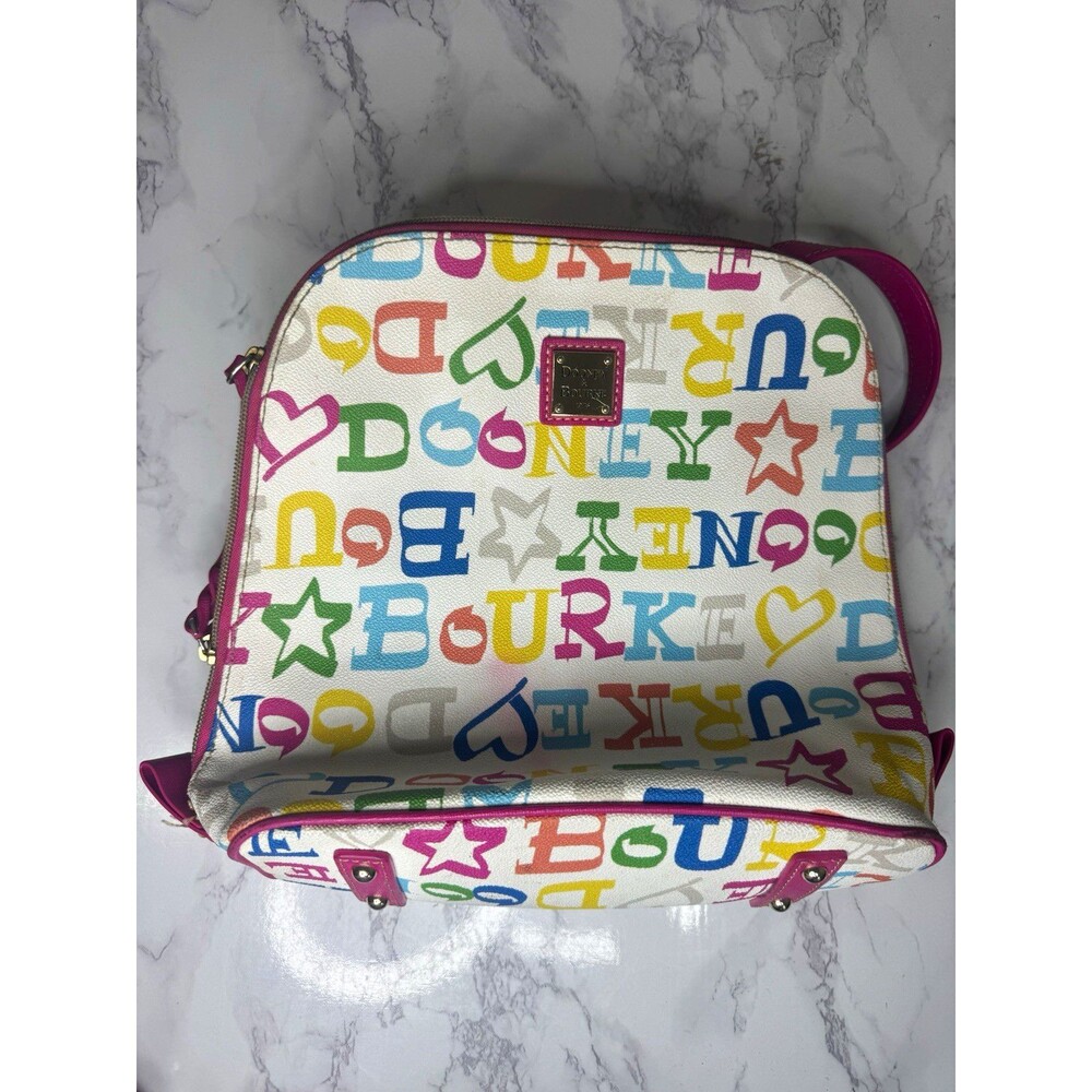 Dooney & Bourke White/Multicolor Logo Shoulder Bag Zip Inner Pockets Gold Pink